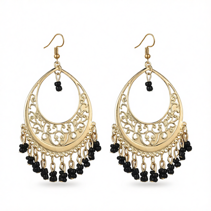 Black Turquoise & Goldtone Openwork Drop Earrings
