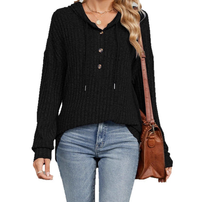 Solid color hooded button loose long sleeved sweatshirt women's clothing