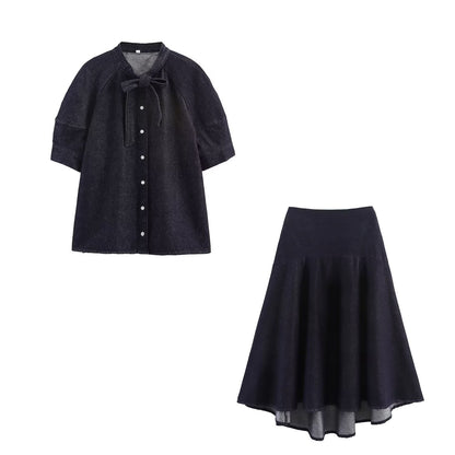 Bow tie denim shirt+skirt set
