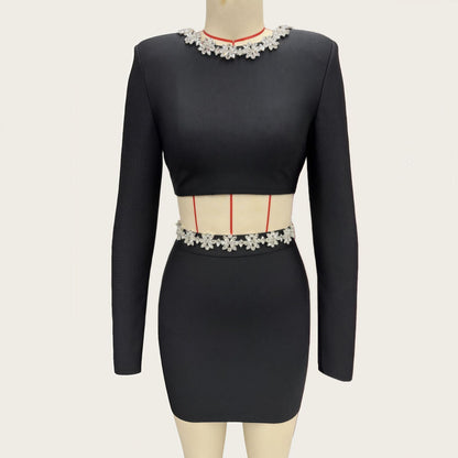Diamond round neck long sleeved waist bandage set skirt
