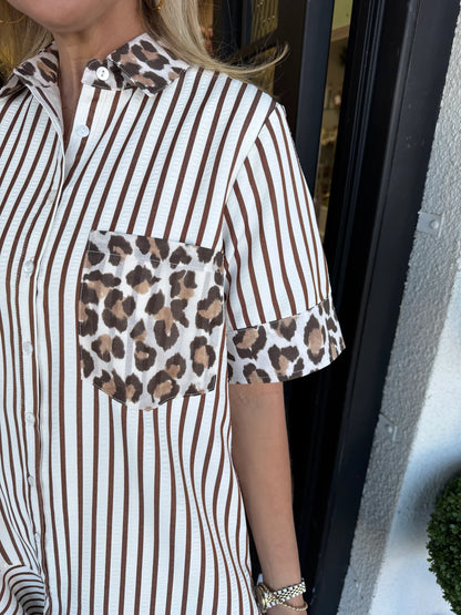Women's Striped Animal Print Contrast Button Down Dress