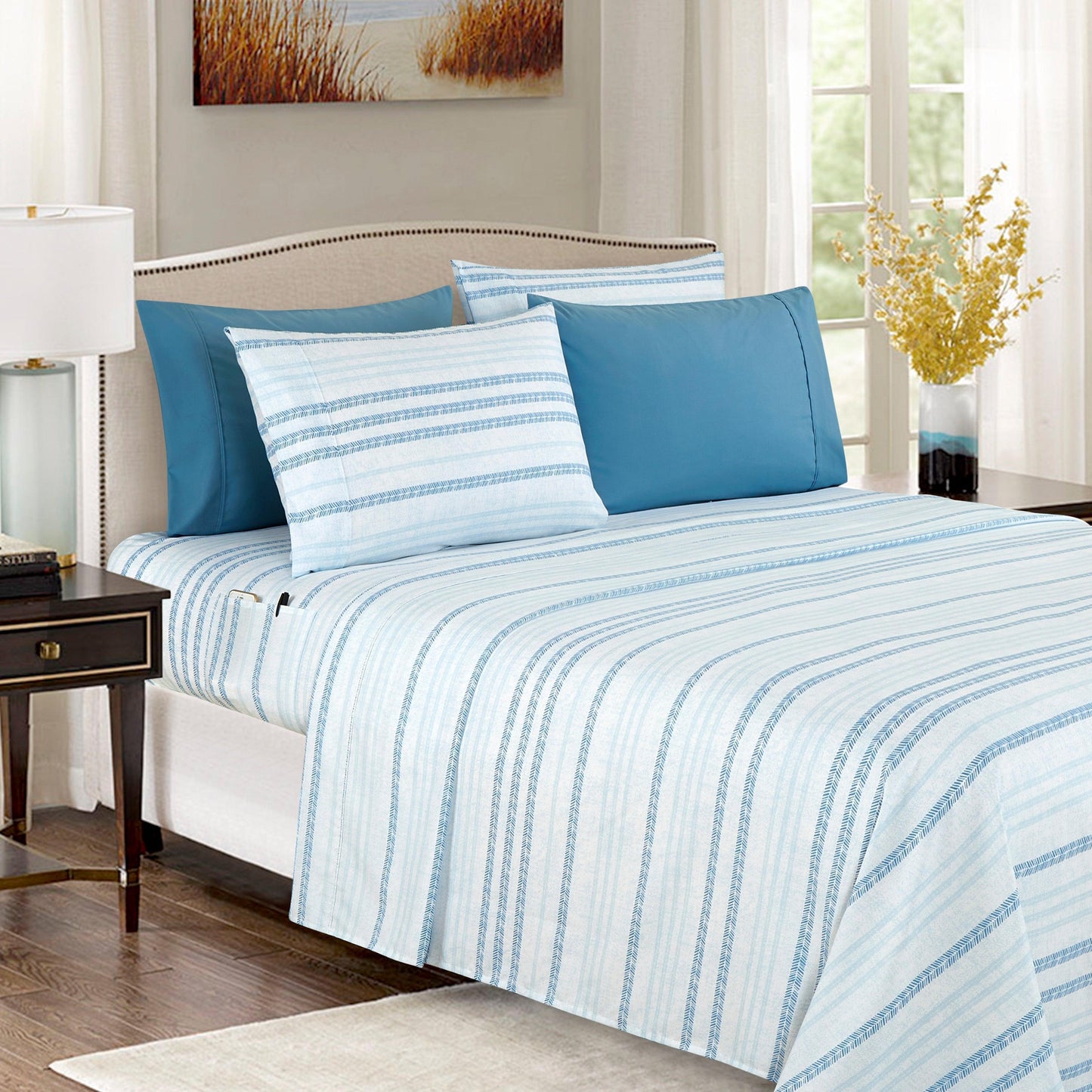 Elegant Comfort 6-Piece Floral and Stripe Pattern Sheet Set - Soft as a Hotel Premium Quality Bedding