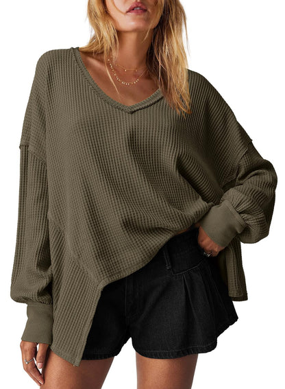 Women's Waffle Knit Oversized V Neck Batwing Long Sleeve Tops