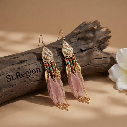 Coffee Feather & Goldtone Feather Drop Earrings
