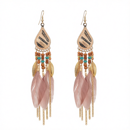 Coffee Feather & Goldtone Feather Drop Earrings