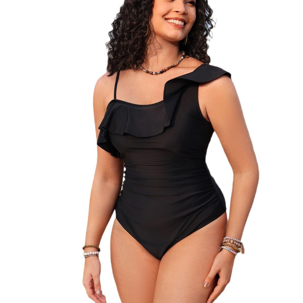 Single shoulder lace pleated one-piece swimsuit