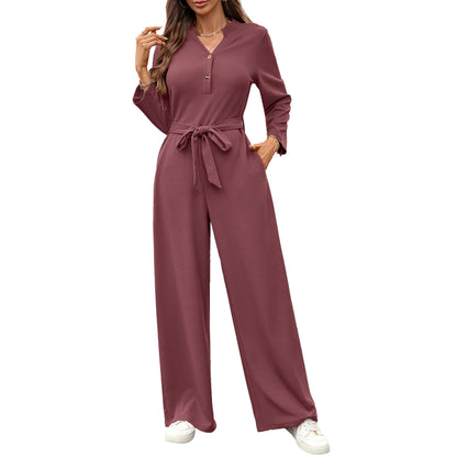 Solid color high waisted button up long sleeved loose jumpsuit