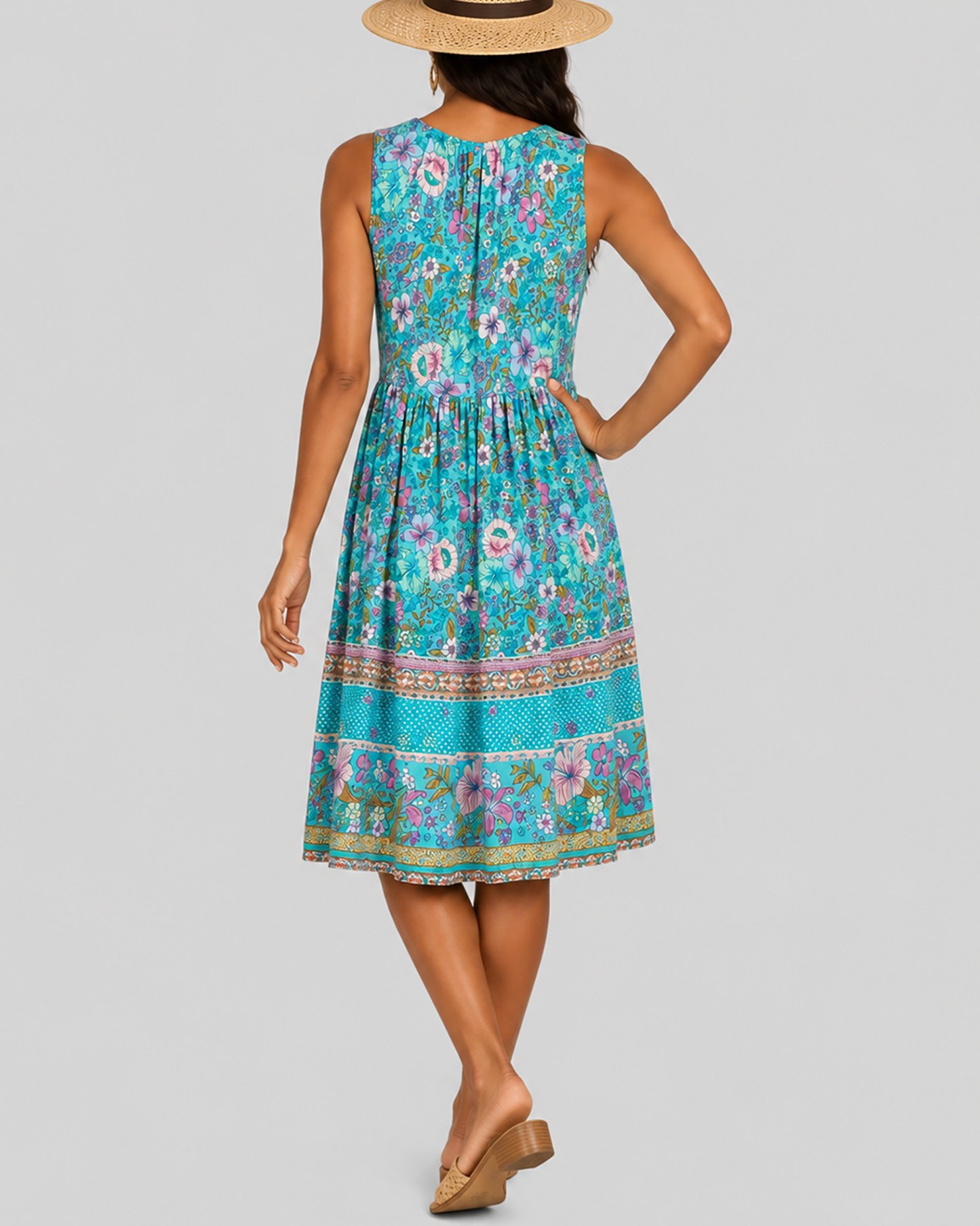 Women's Fashion Ethnic Style Blue Printed V-Neck Open Front Sleeveless Dress
