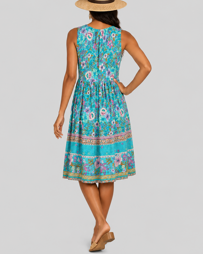 Women's Fashion Ethnic Style Blue Printed V-Neck Open Front Sleeveless Dress