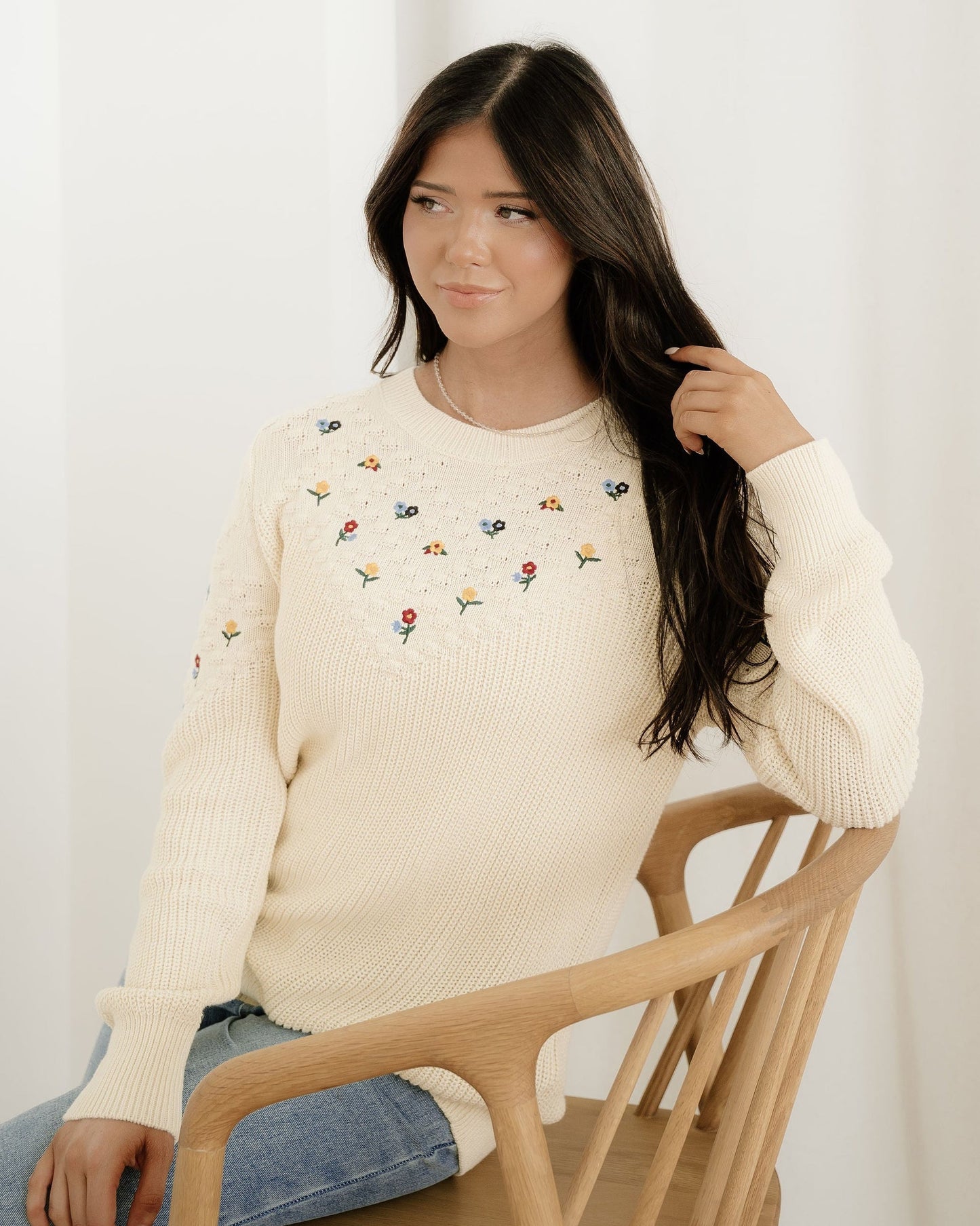 Gemma Mixed Texture Knit Flower Embroidered Detail Casual Sweater