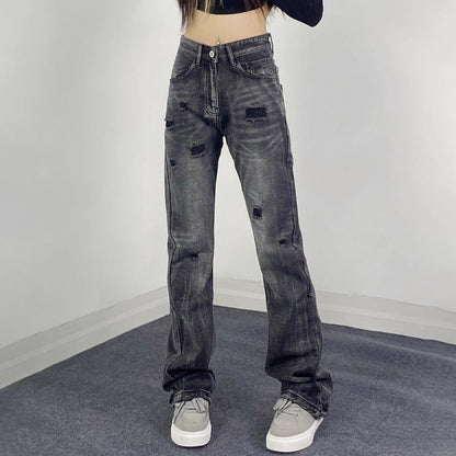 Street Style Retro Ripped Jeans for Women,INS Retro Fitted Slimming Flared Casual Pants