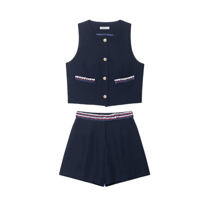 Fancy trimmed vest+shorts set