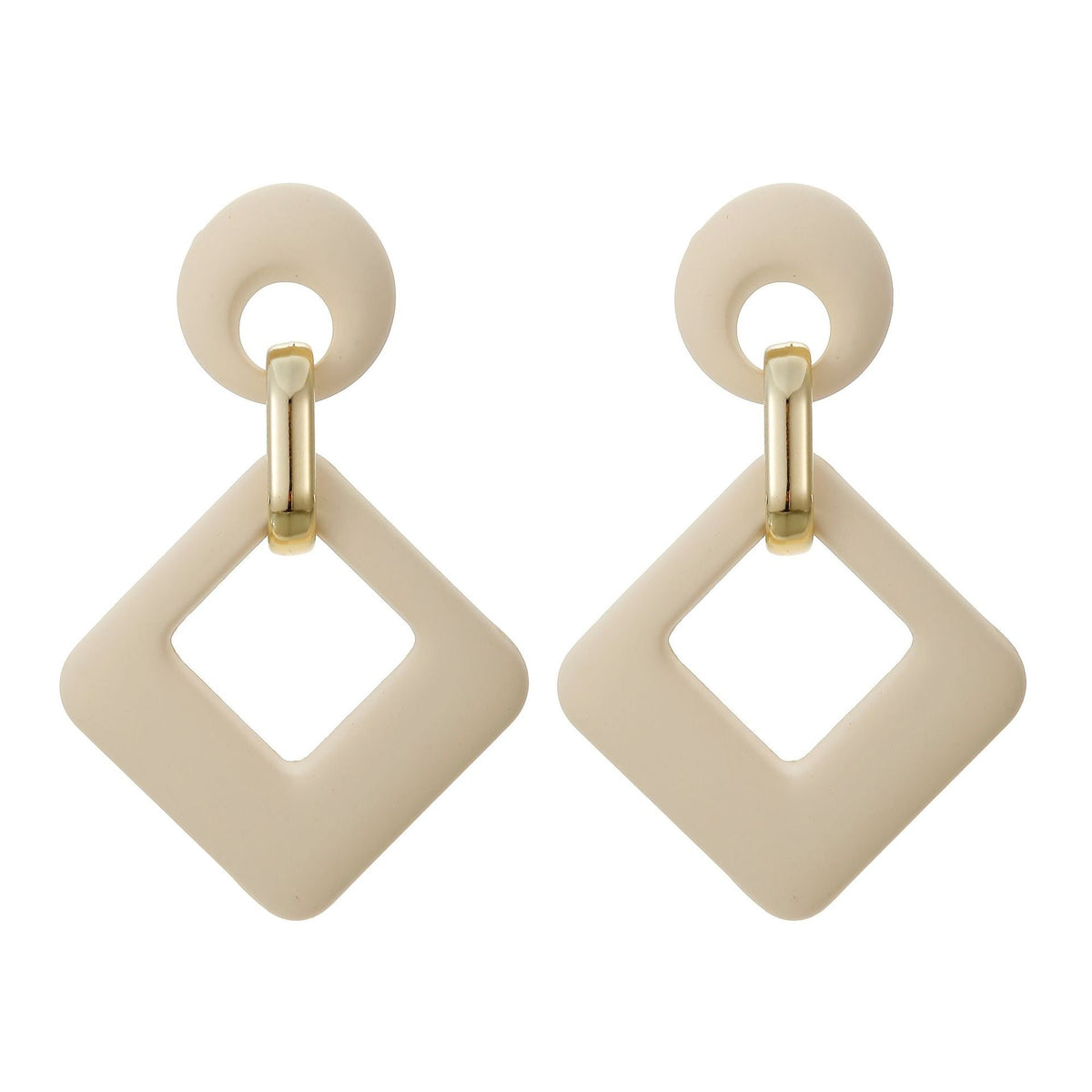 Beige Enamel & Goldtone Open Rhombus Drop Earrings