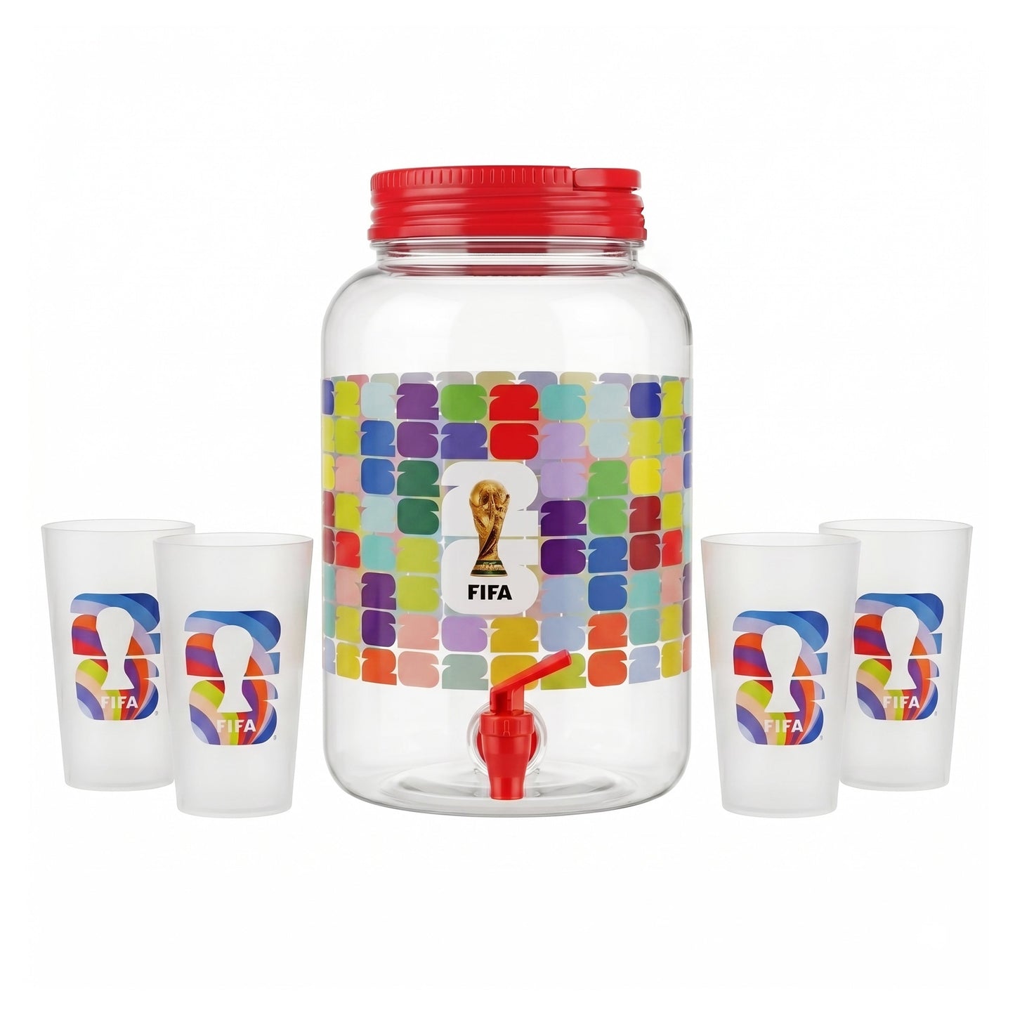 FIFA 1.4 Gal Beverage Dispenser with Red Handle & 4 Plastic Cups 18.5 OZ.
