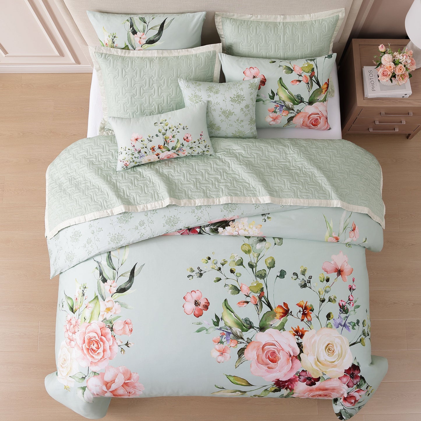 Bebejan Rose on Misty Green 8 Piece Reversible Comforter & Coverlet Set