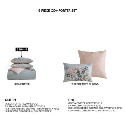 Bebejan Peach Leaves on Sage 5 Piece Reversible Comforter Set