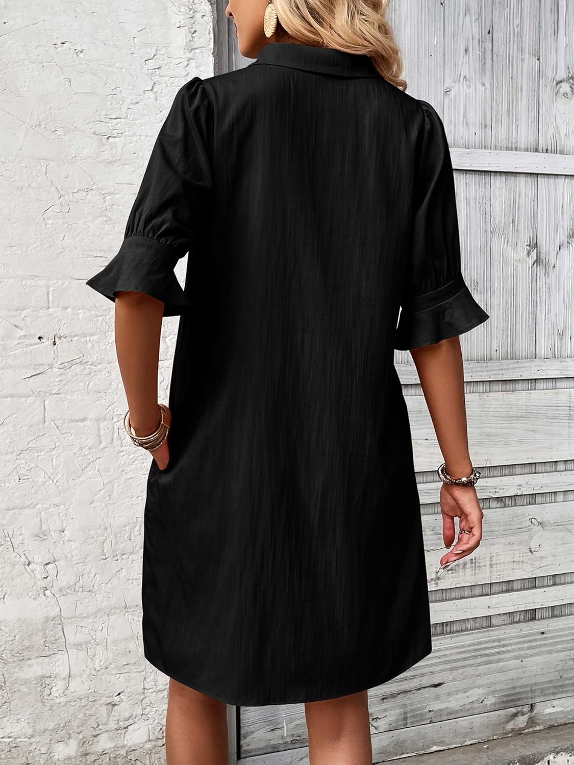 ✨Womens Casual Shirt Dress Ruffle Sleeve Solid Color Button Down