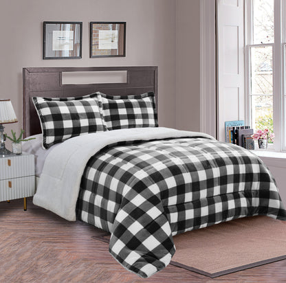 Elegant Comfort 3-Piece Buffalo Micro-Suede Reversible Sherpa - Lodge-Plaid Pattern Comforter Set