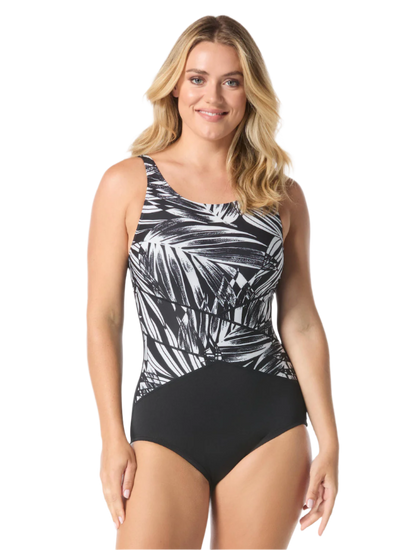 Gabar Chlorine Resistant High Neck One Piece Swimsuit - Black/White Palm - FINAL SALE