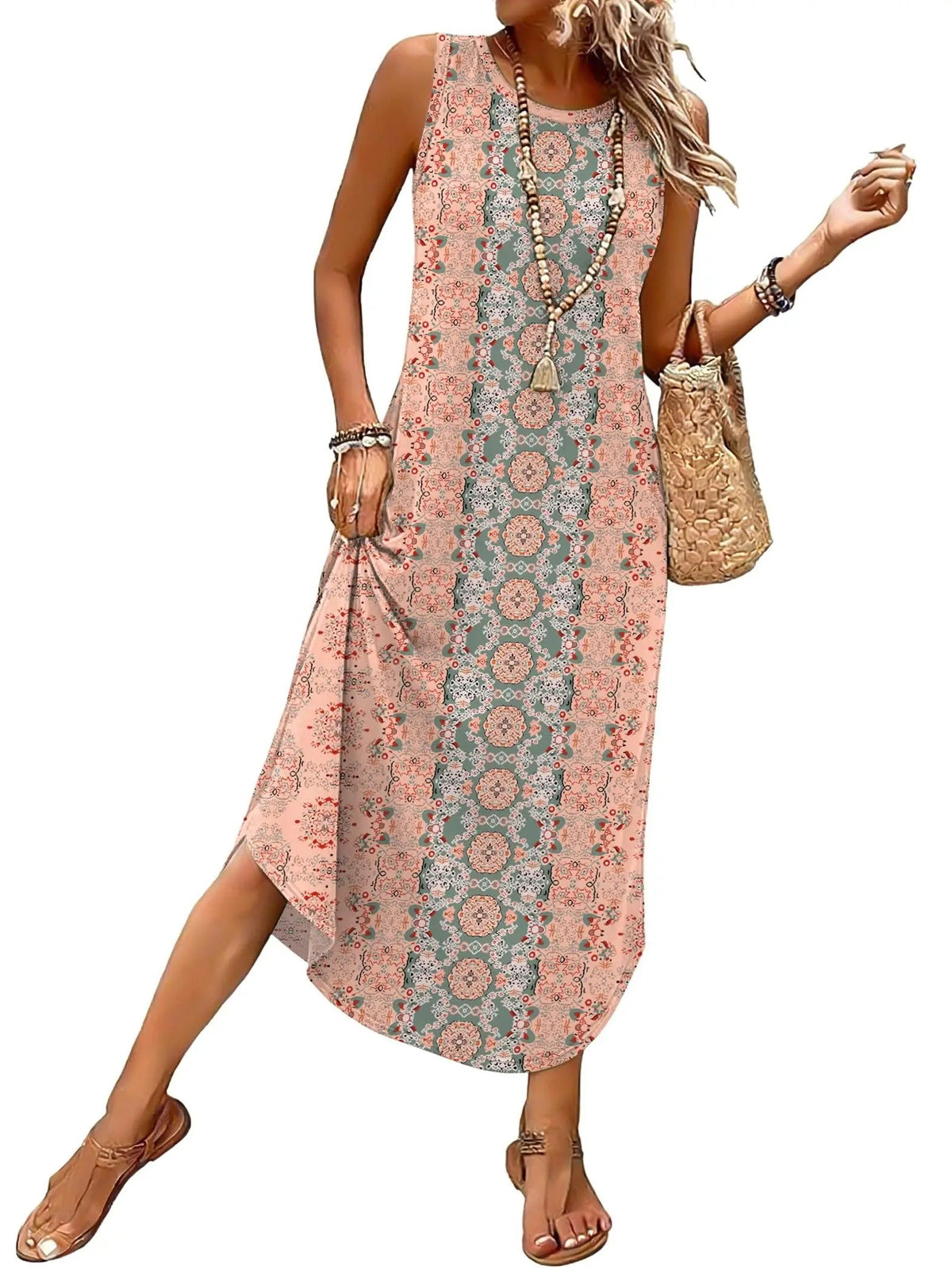 Women's Sleeveless Print Maxi Dress with Pockets