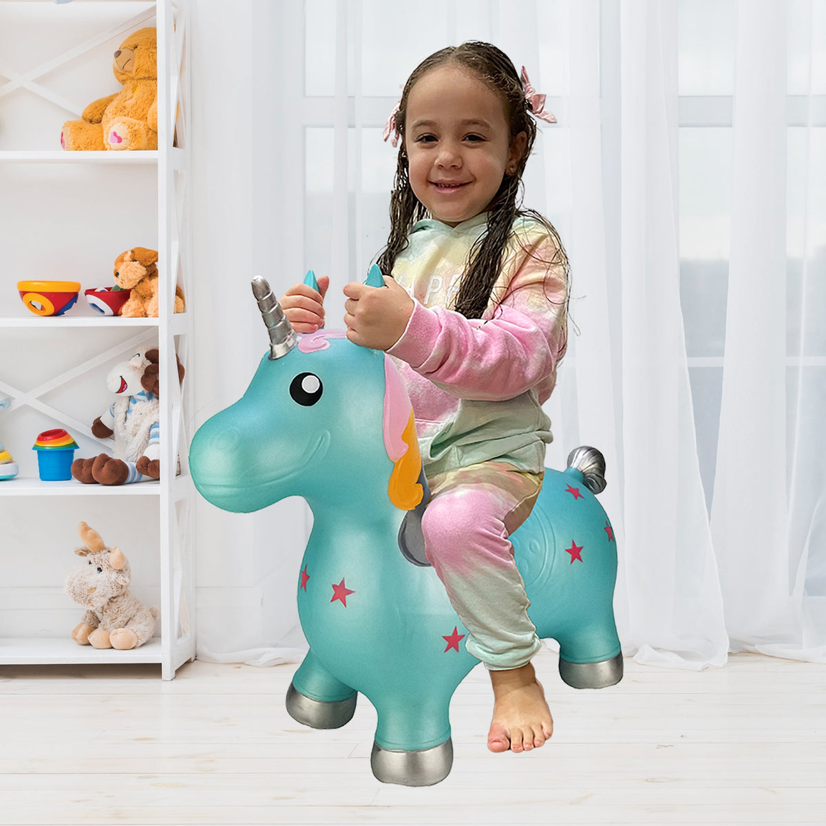 BounceZiez Inflatable Bouncy Ride-On Hopper with Pump - Blue Unicorn