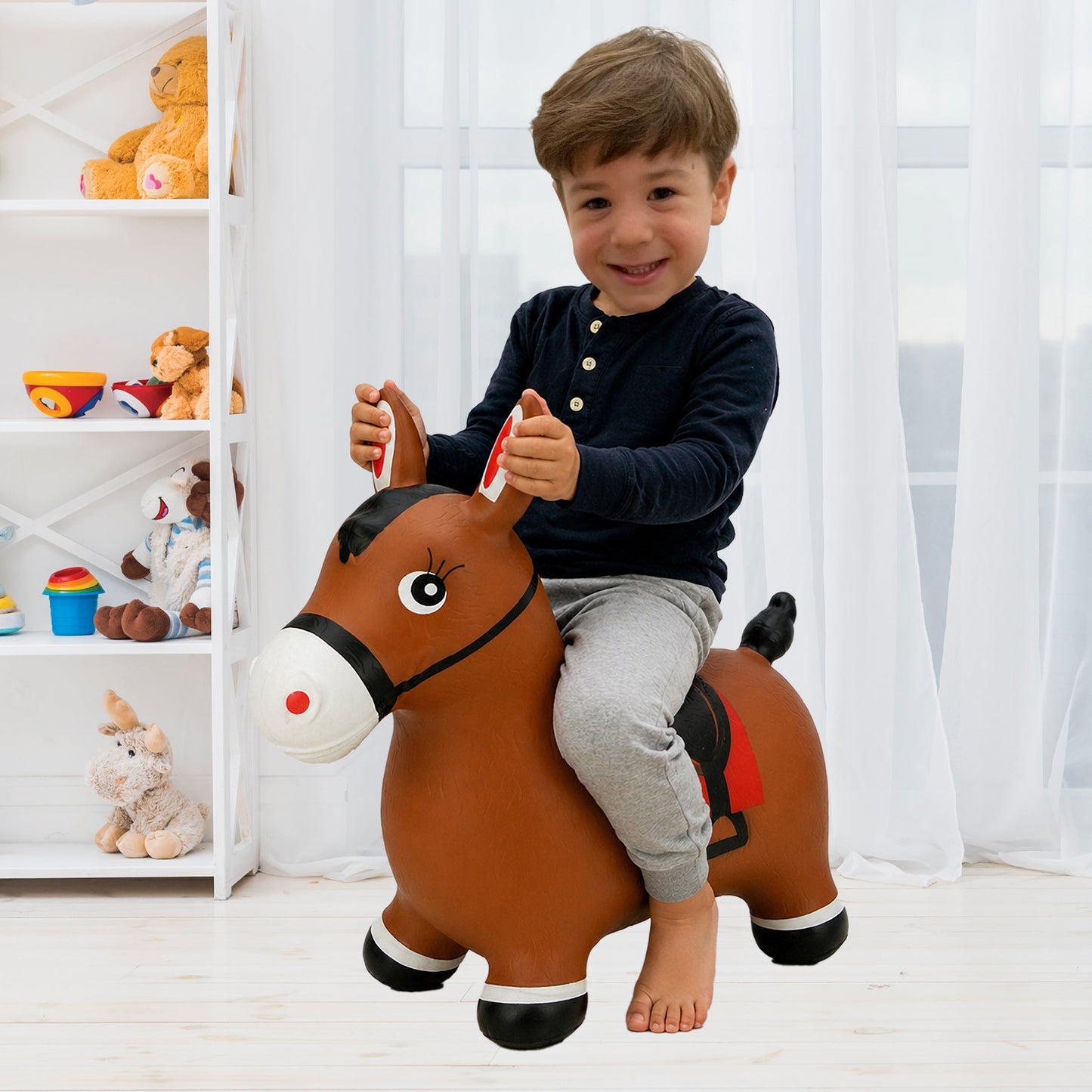 BounceZiez Inflatable Bouncy Ride-On Hopper with Pump - Brown Horse