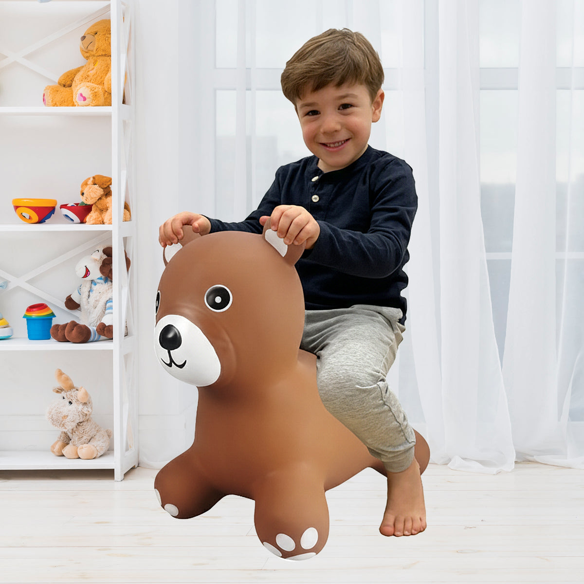BounceZiez Inflatable Bouncy Ride-On Hopper with Pump - Teddy Bear