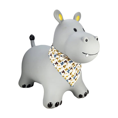 BounceZiez Inflatable Bouncy Ride-On Hopper with Pump - Gray Hippo