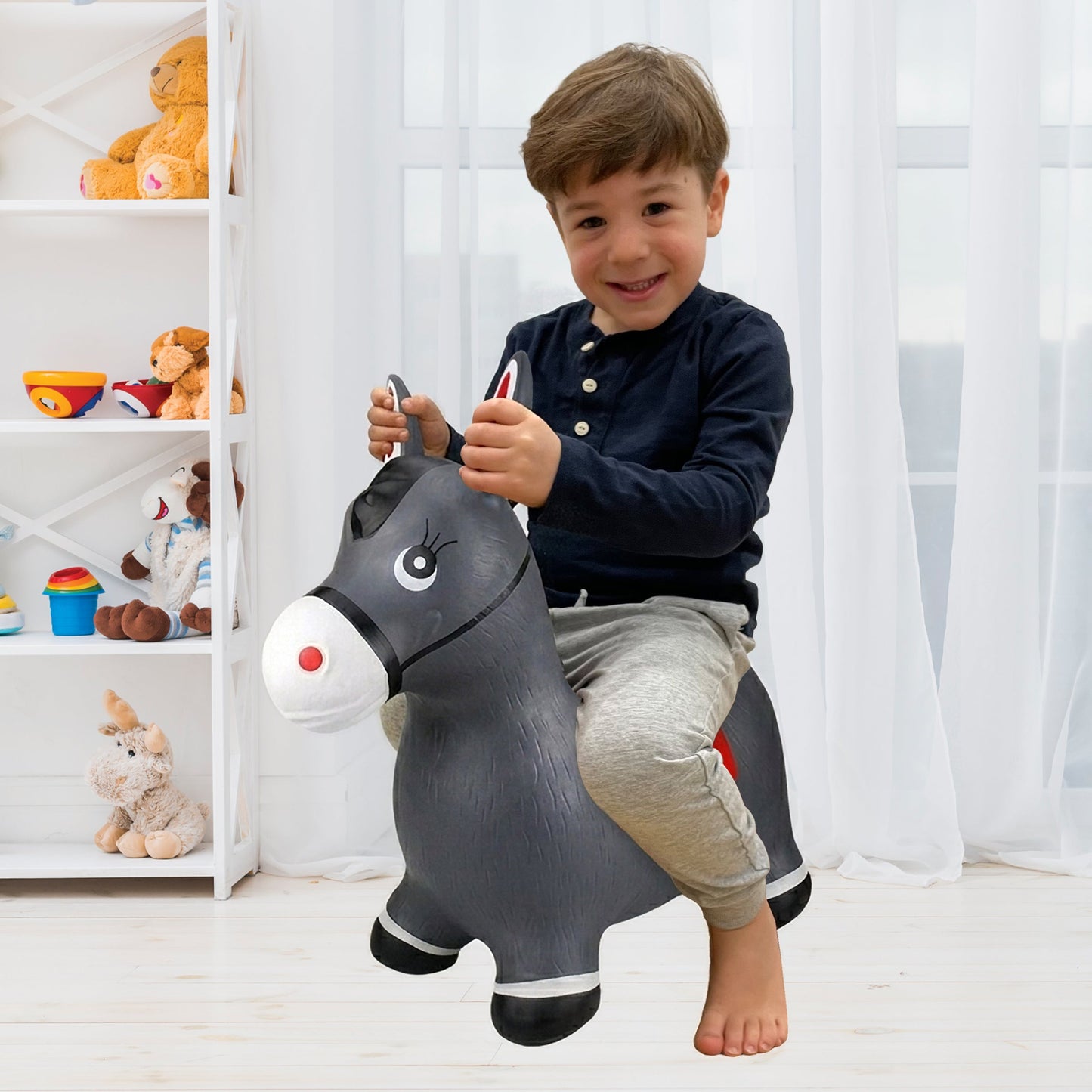 BounceZiez Inflatable Bouncy Ride-On Hopper with Pump - Gray Horse