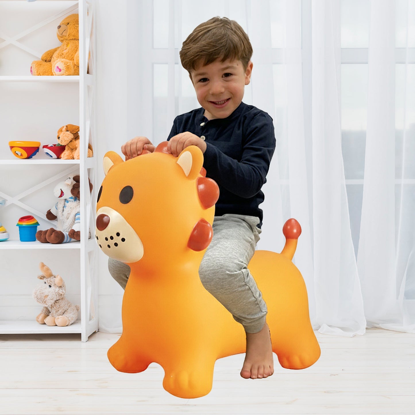 BounceZiez Inflatable Bouncy Ride-On Hopper with Pump - Orange Lion