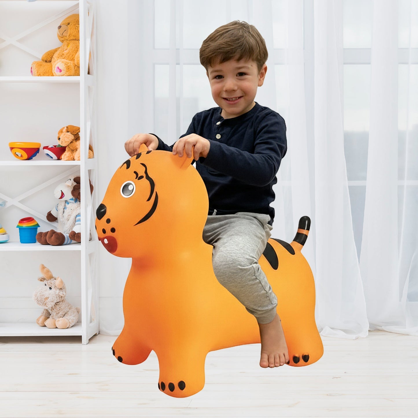 BounceZiez Inflatable Bouncy Ride-On Hopper with Pump - Orange Tiger