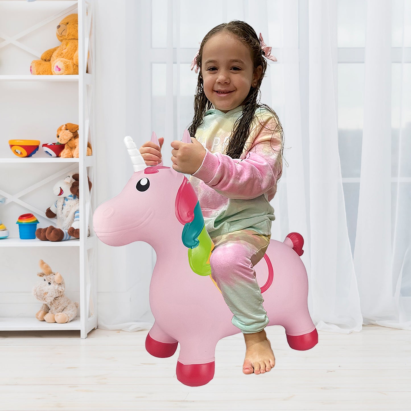 BounceZiez Inflatable Bouncy Ride-On Hopper with Pump - Pink Unicorn