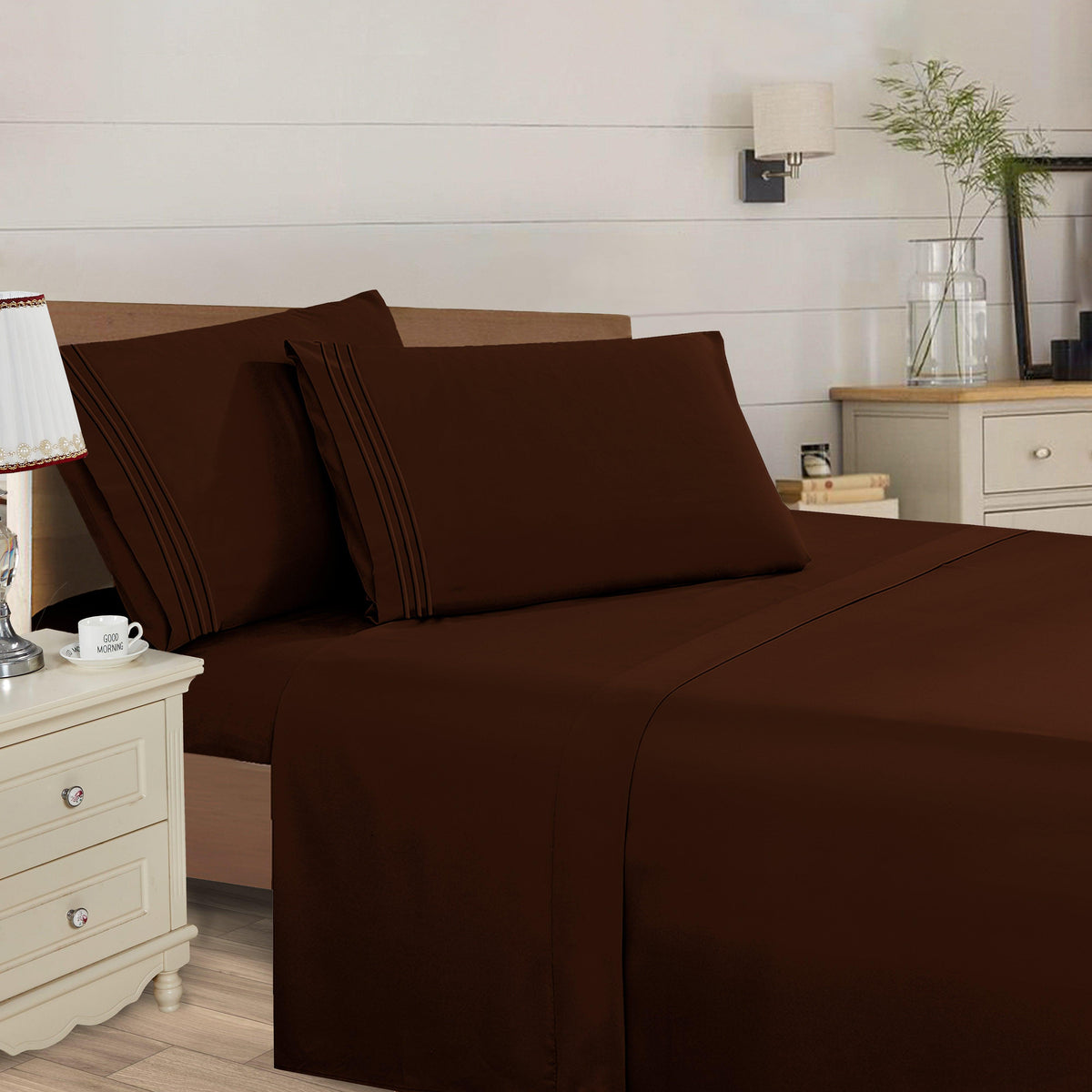 Elegant Comfort Essential 4-Piece 3-Line Embroidery Sheet Set, Soft as a Hotel Premium Quality,  Moody Shades