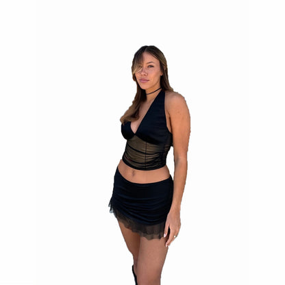 Bare back and navel mesh hanging neck skirt set for women
