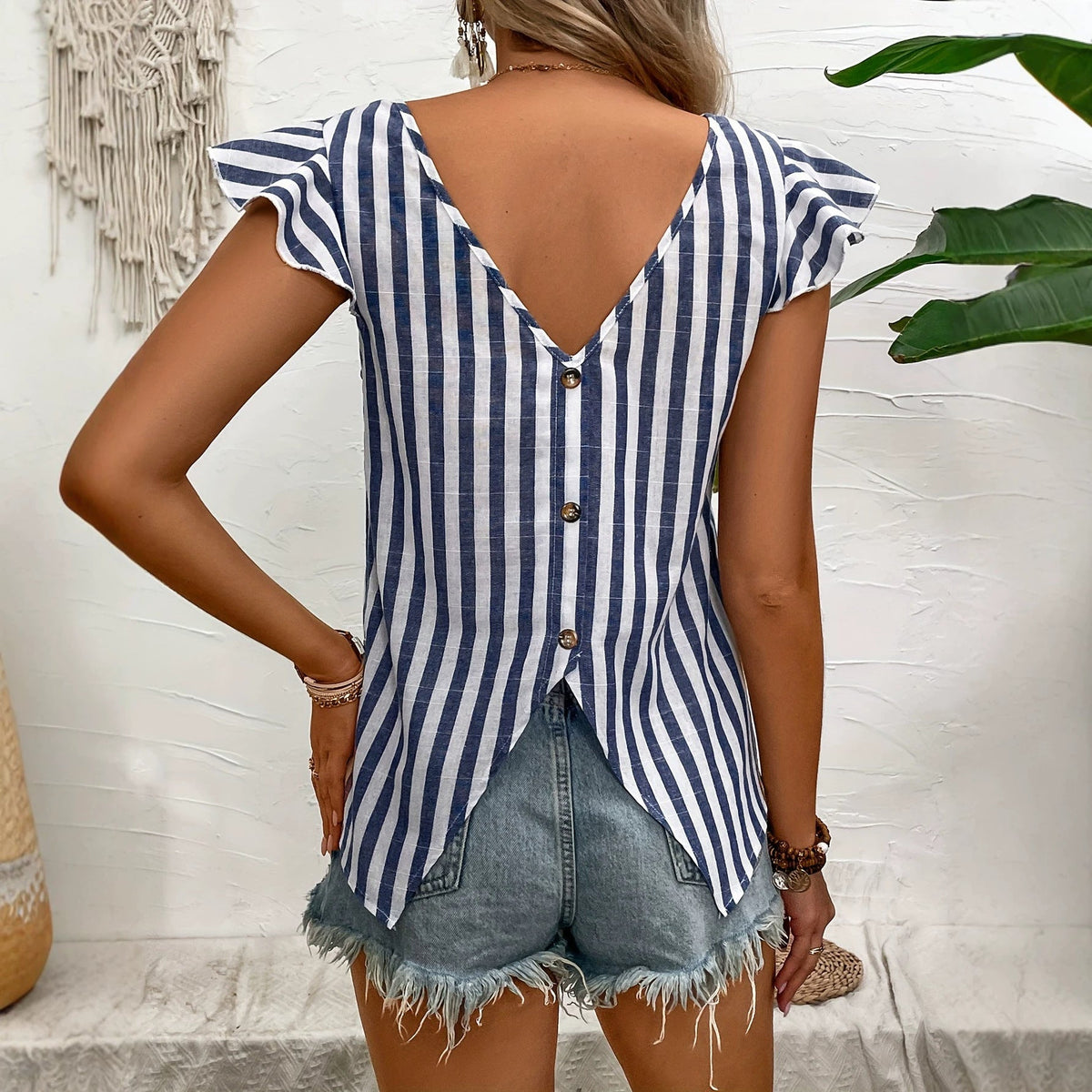 Striped V-neck top for women