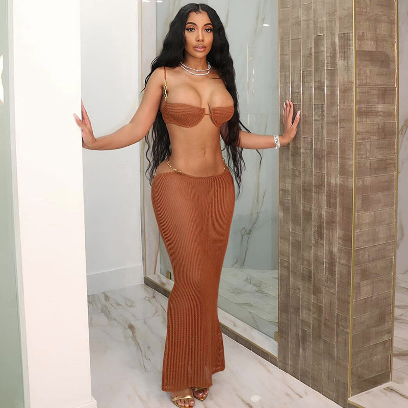 Fashion Bikini Set with Sheer Cut-Out Bodycon Skirt for Women