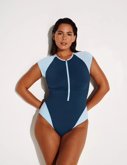 Cap-Sleeve One Piece Swimsuit - Color Block