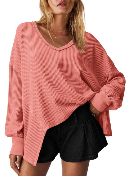 Women's Waffle Knit Oversized V Neck Batwing Long Sleeve Tops