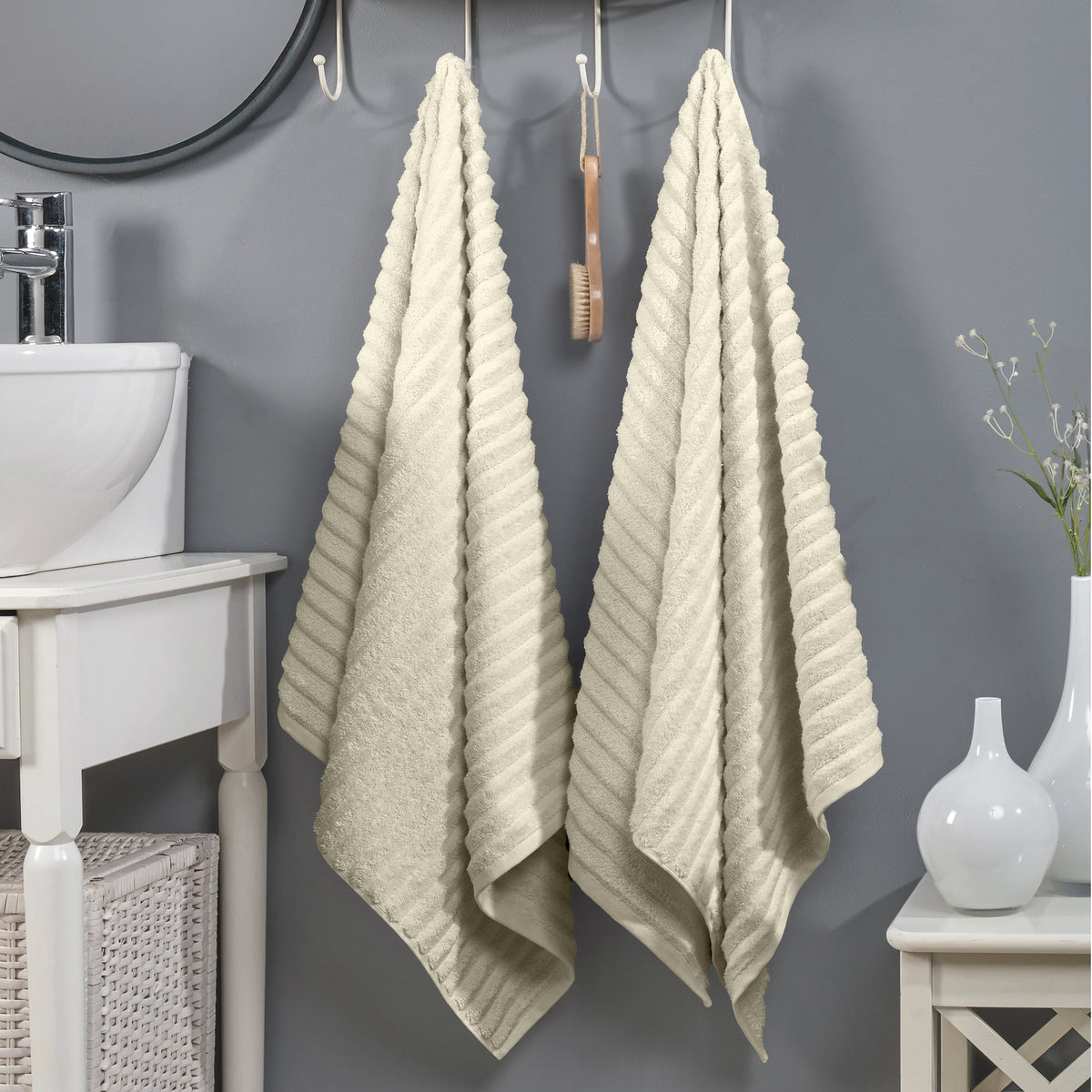 Elegant Comfort 2-Pack Premium Turkish Cotton Corduroy Stripe Bath Towel Set, 27 x 54 inch