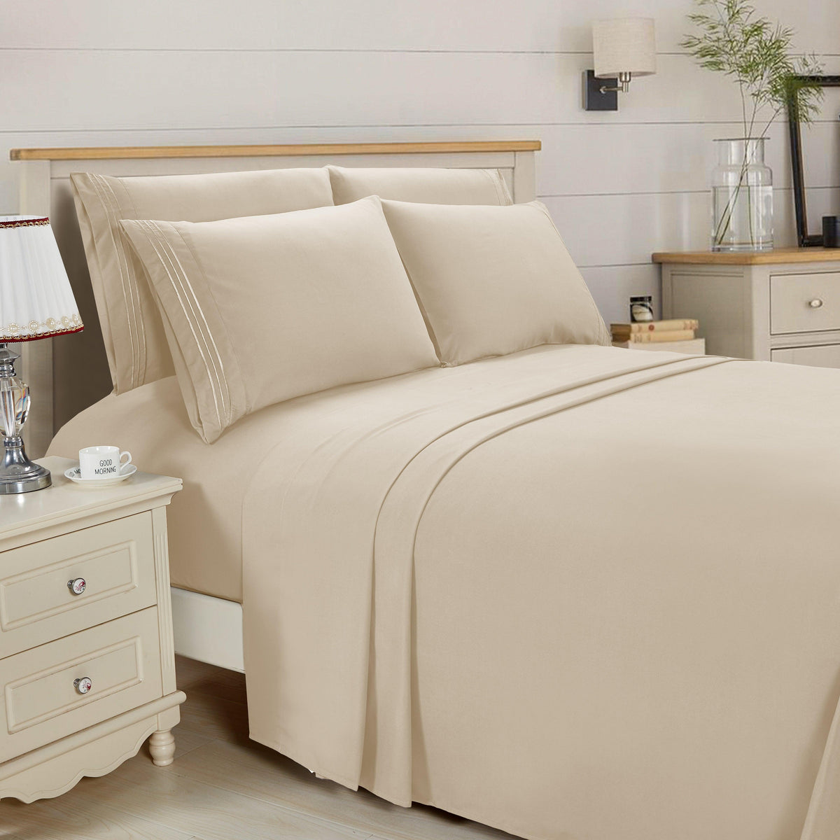 Elegant Comfort Essential 6-Piece 3-Line Embroidery Sheet Set, Soft as a Hotel Premium Quality, Bright Shades