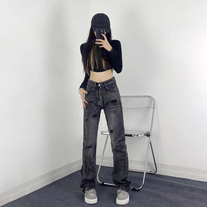 Street Style Retro Ripped Jeans for Women,INS Retro Fitted Slimming Flared Casual Pants