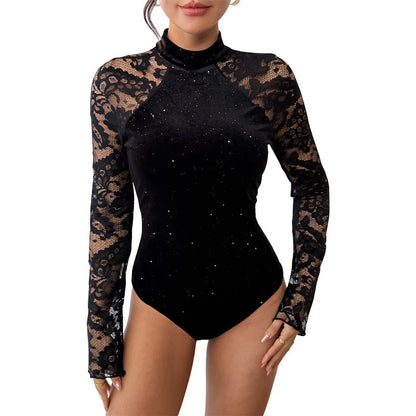Sexy and elegant style semi high neck lace jumpsuit