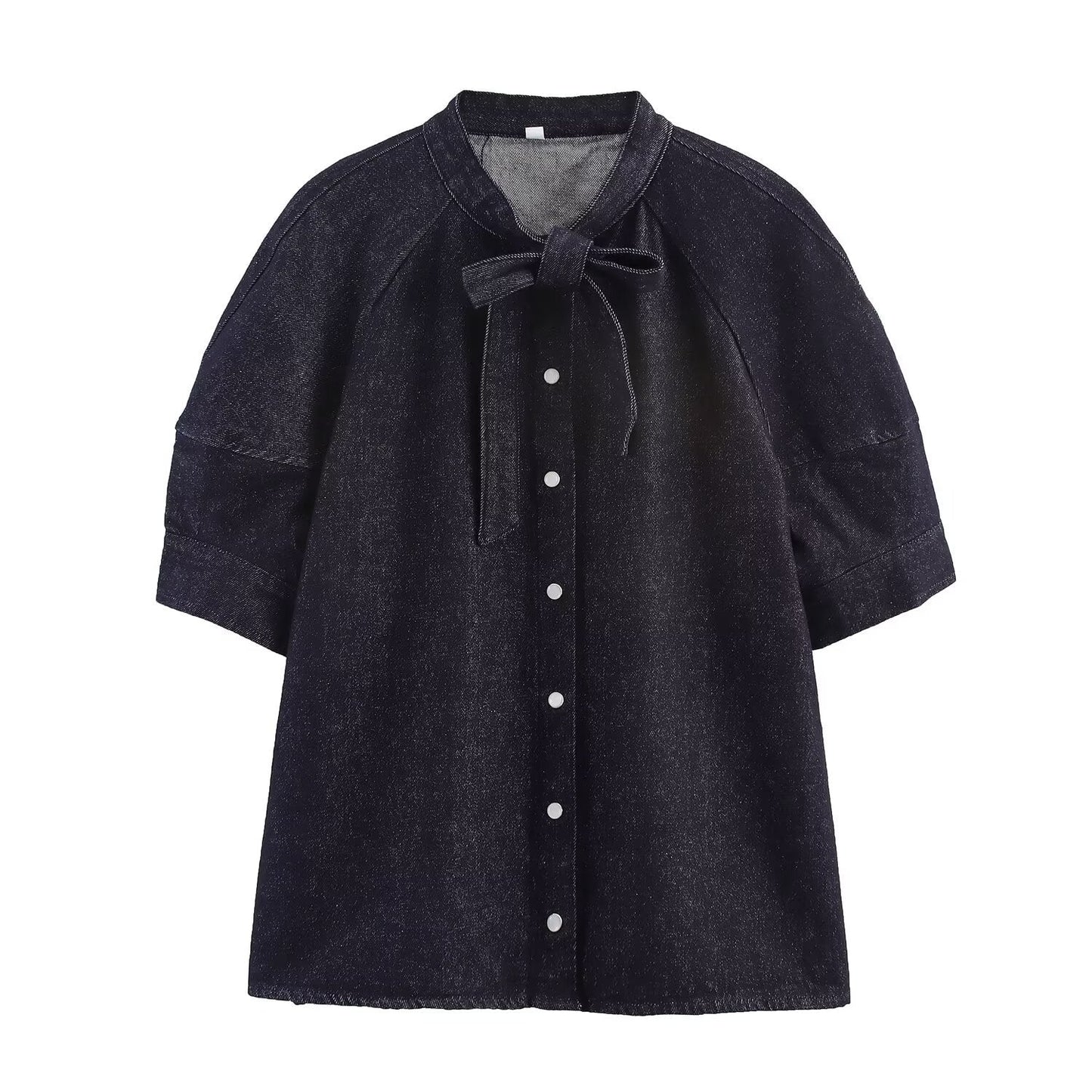 Bow tie denim shirt+skirt set