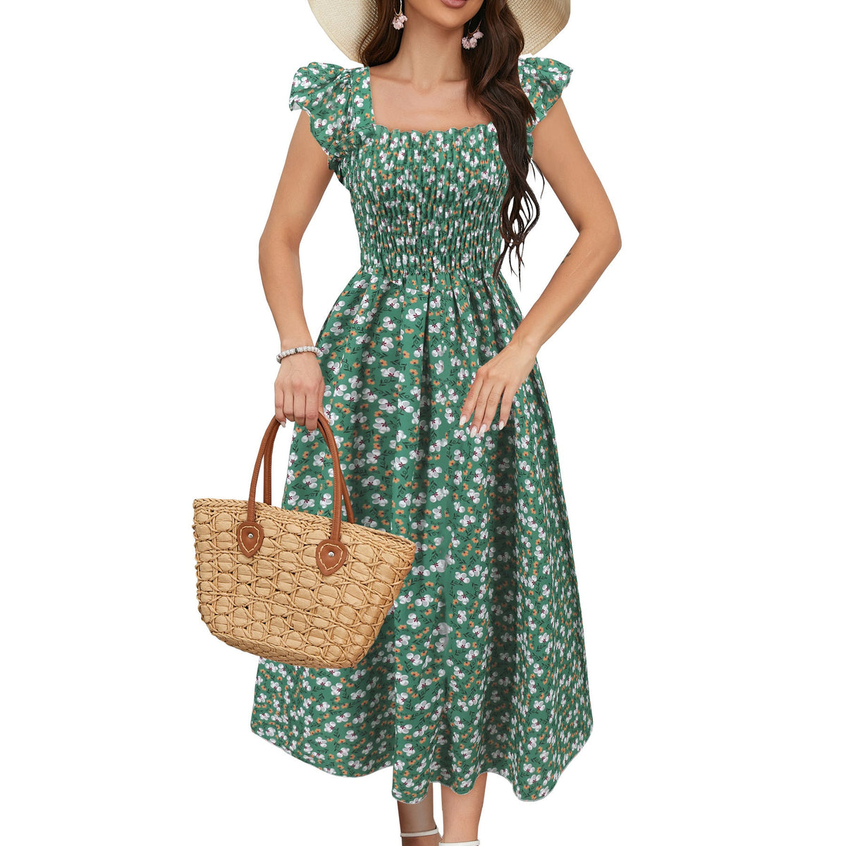 Printed Dress Square Collar A-line Long Dress