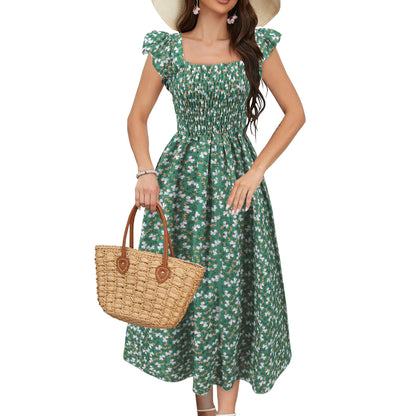Printed Dress Square Collar A-line Long Dress