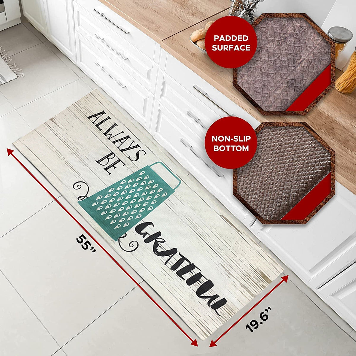 20"x55" Oversized Cushioned Anti-Fatigue Kitchen Runner Mat (Always Be Grateful)
