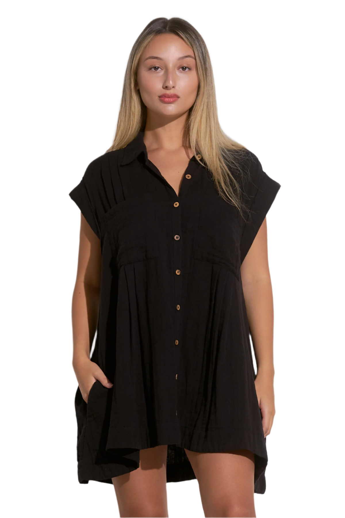 Elan Oversized Button Down Coverup Shirt Dress - Black - FINAL SALE
