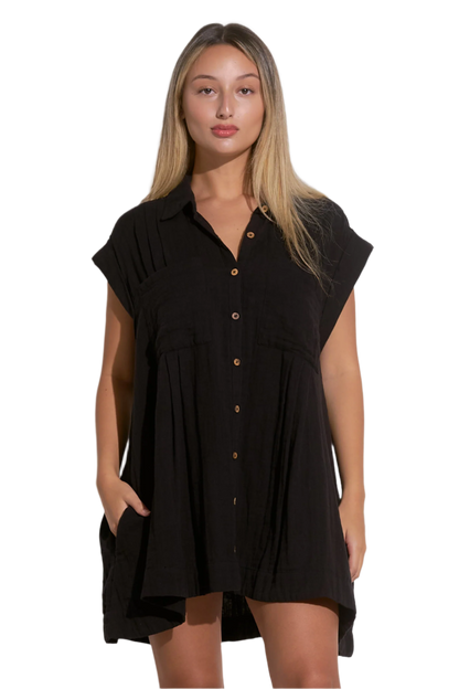 Elan Oversized Button Down Coverup Shirt Dress - Black - FINAL SALE