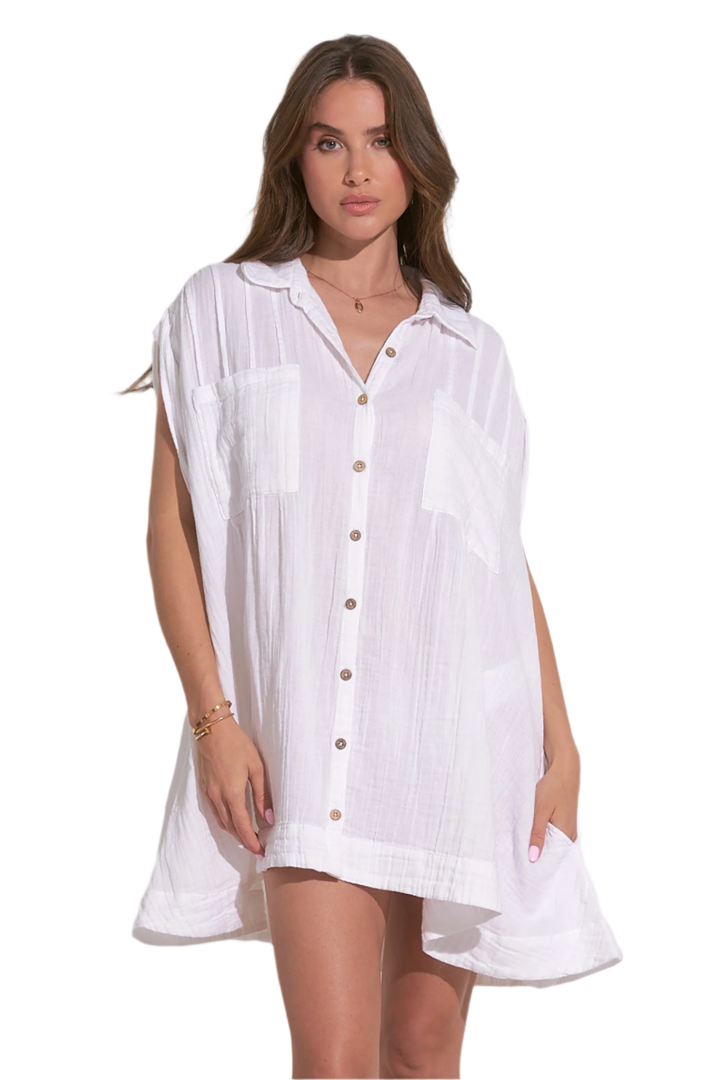 Elan Oversized Button Down Coverup Shirt Dress - White - FINAL SALE