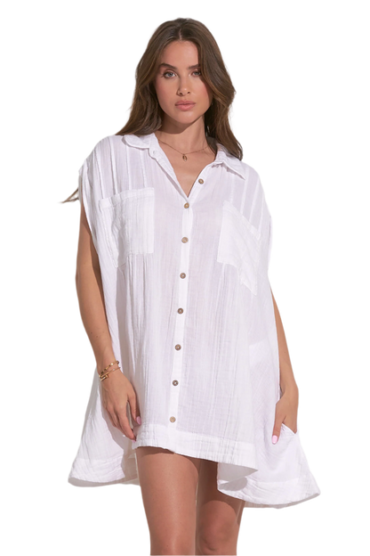 Elan Oversized Button Down Coverup Shirt Dress - White - FINAL SALE